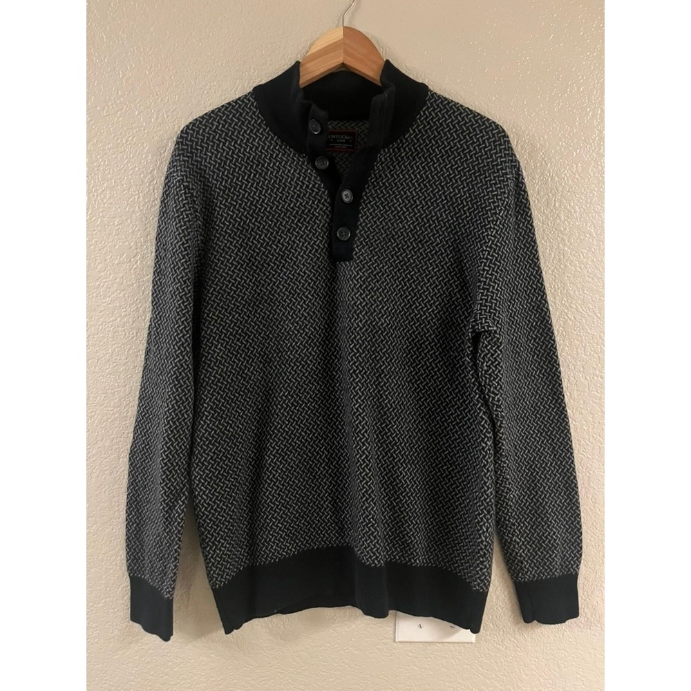 UNTUCKit Sorensen‎ Cross Stitch Merino Wool Mock Neck Button Sweater Navy Large